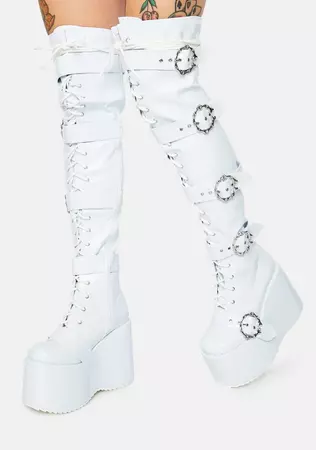 Patent Faux Leather Lace Up Knee High Boots - White – Dolls Kill
