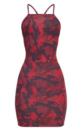 Red Camo Bodycon Dress | Dresses | PrettyLittleThing
