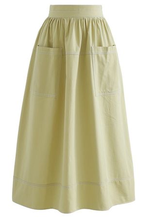 Contrast Line Patched Pocket Midi Skirt in Mustard - Retro, Indie and Unique Fashion