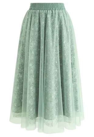 Sequined Floral Lace Mesh Tulle Skirt in Mint - Retro, Indie and Unique Fashion