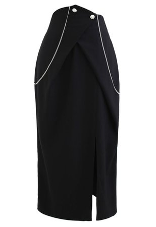 Pearl Trim Split Pencil Skirt with Chain in Black - Retro, Indie and Unique Fashion