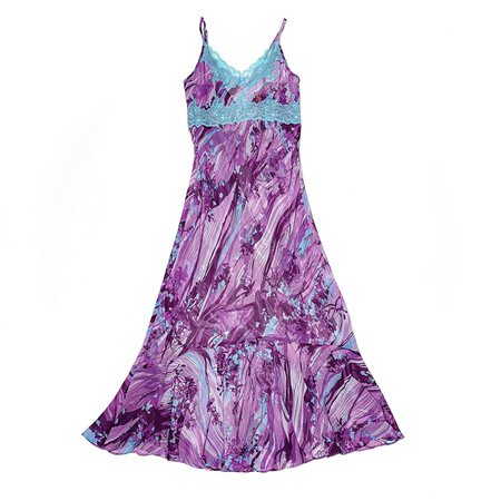 sheer purple and blue abstract floral print maxi dress
