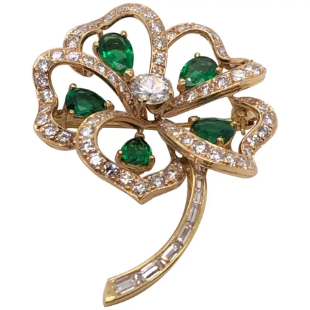 Vintage 14 Karat Gold Diamond and Emerald 4-Leaf Clover Pin