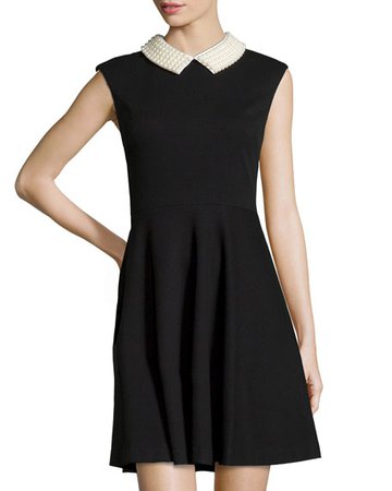Betsey Johnson Beaded-Collar Sleeveless Fit-and-Flare Dress, Black/Ivory