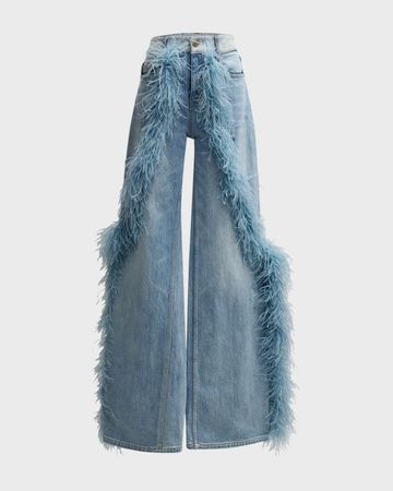 Hellessy Bartlett Mid-Rise Feather-Trim Straight-Leg Jeans | Neiman Marcus