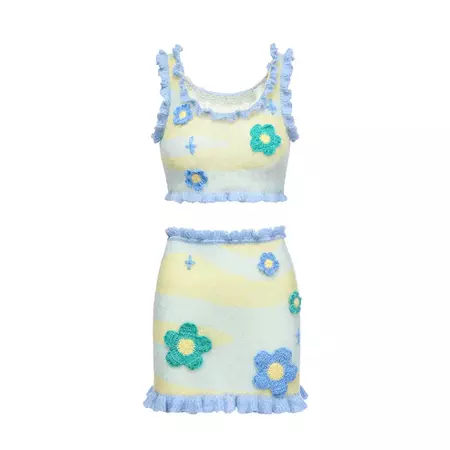 Blue Knitted Flower Skirt Set – HuDieGongZhu