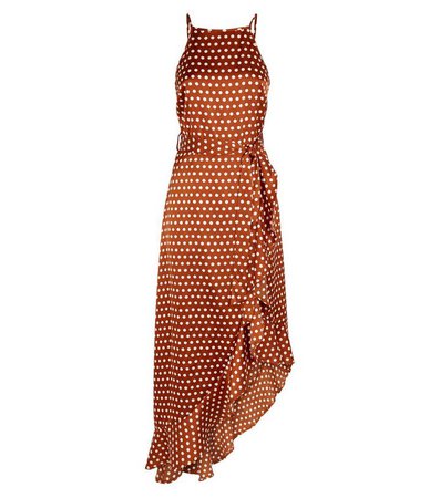 Brown Spot Satin Ruffle Midi Dress | New Look