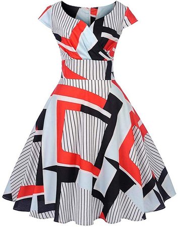 JHKUNO Women Dresses, Women's Vintage 1950s Retro Irregular Print V-Neck High Waist Cap-Sleeve Swing Dress Red at Amazon Women’s Clothing store