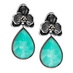 Orchid Drop Earrings w/ Turquoise Mother Of Pearl Crystal & Diamonds in Sterling Silver & Black Rhodium
