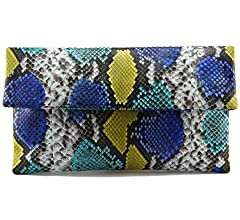 Genuine Multicolor Blue & Yellow Python Leather Classic Foldover Clutch Bag: Handbags: Amazon.com