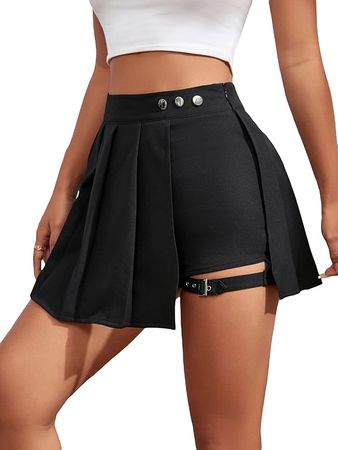 WDIRARA Women's High Waist Pleated Button Skort Asymmetrical Skirt Shorts Black Plain Petite M at Amazon Women’s Clothing store