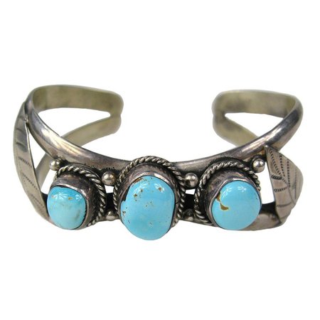Navajo cuff sterling silver bracelet Turquoise pawn For Sale at 1stdibs