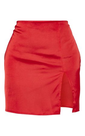 Red Structured Satin Mini Split Side Skirt | PrettyLittleThing USA