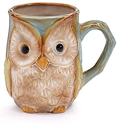 Amazon.com | Burton & Burton 9730074 Mug Owl Coloring Printed on Surface, 4 1/4" H X 4 3/4" W X 3 1/2" D X 2 1/2" Opening. Holds 12 oz., Blue/Green: Coffee Cups & Mugs