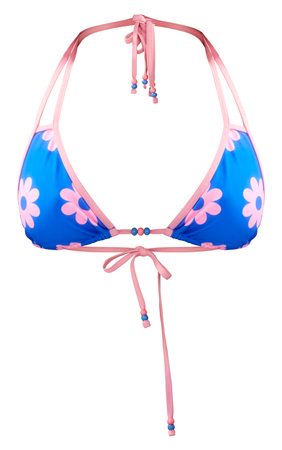 Blue Flower Print Halter Neck Bikini Top $24