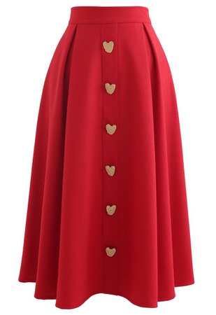 Heart Shape Button Embellished A-Line Midi Skirt in Red - Retro, Indie and Unique Fashion