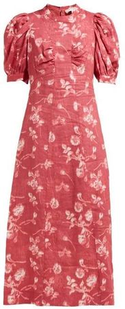 Monet Floral Print A Line Ramie Midi Dress - Womens - Dark Pink