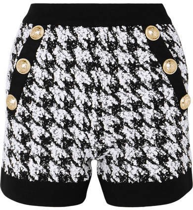 Button-embellished Houndstooth Bouclé-tweed Shorts - Black