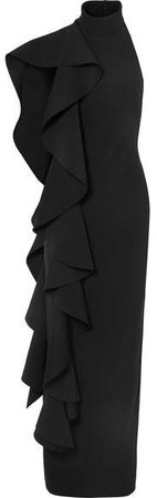 Cold-shoulder Draped Ruffled Stretch-crepe Maxi Dress - Black