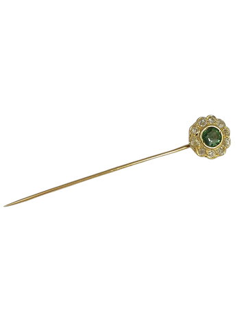 ANTIQUE VICTORIAN PIN 18K SOLID GOLD NATURAL OLD CUT DIAMONDS AND EMERALD CIRCA