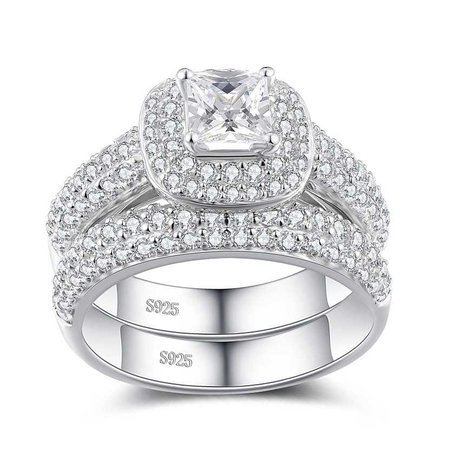 Princess Cut White Sapphire Sterling Silver Women's Bridal Set Ring - Lajerrio Jewelry