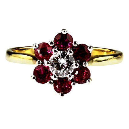 Ruby and Diamond Cluster Ring in 18 Carat White and Yellow Gold, Vintage, Retro For Sale at 1stDibs