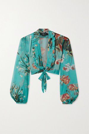 Turquoise Carolina cropped tie-front floral-print chiffon top | PatBO | NET-A-PORTER
