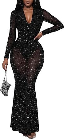 Amazon.com: MakeMeChic Women's Glitter Deep V Neck Long Sleeve Mesh Sheer Bodycon Maxi Long Dress : Clothing, Shoes & Jewelry