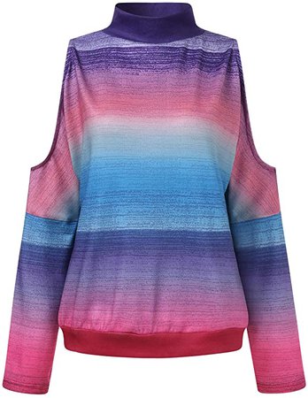 YOINS Cold Shoulder Long Sleeves Tops for Women Turtleneck Geometric Casual Shirts Loose Tunic Blouses Rainbow-red M at Amazon Women’s Clothing store