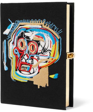 Basquiat Skull Embroidered Appliquéd Canvas Clutch - Black