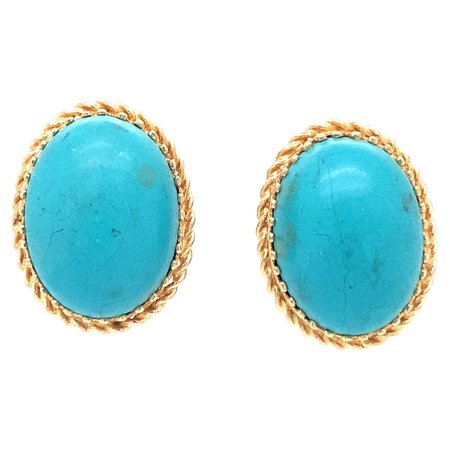 1950s 14k Gold Turquoise Cabochon Clip-On Earrings
