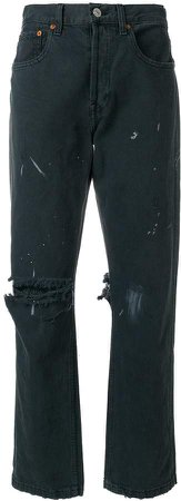 distressed paint spattered jeans