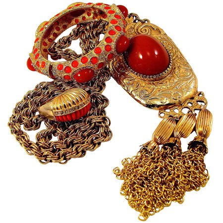 Pauline Rader Carnelian Fringe Necklace with Clamp Bracelet and Ring 3pc Set 70s For Sale at 1stDibs