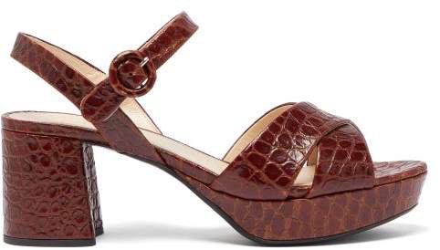 Platform Crocodile Effect Leather Sandals - Womens - Dark Brown