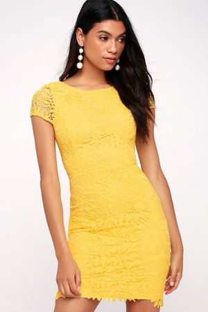 RIGHT SHEER, RIGHT NOW YELLOW LACE BODYCON DRESS