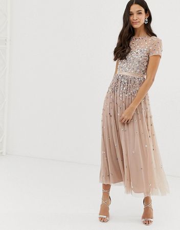 Maya cap sleeve midaxi dress with applique delicate sequins in taupe blush | ASOS