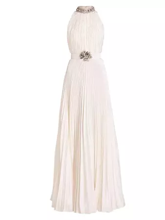 Shop ANDREW GN Crystal Belted Plissé Gown | Saks Fifth Avenue