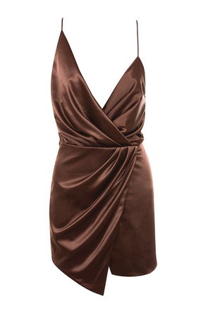 Clothing : Structured Dresses : 'Helaina' Chocolate Satin Draped Mini Dress