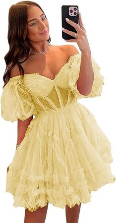 Amazon.com: Off Shoulder Tulle Homecoming Dresses for Teens 2023 Puffy Sleeve Ruffle Tiered A Line Short Cocktail Party Gowns : Clothing, Shoes & Jewelry
