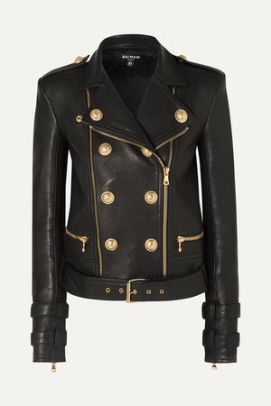 Button-embellished Leather Biker Jacket - Black