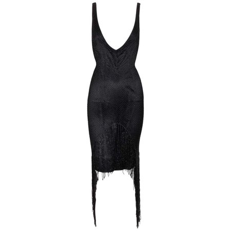 F/W 2002 Gucci by Tom Ford Plunging 20's Flapper Style Beaded Fringe Black Dress