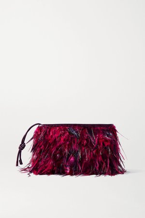 Burgundy Feather-embellished croc-effect leather clutch | Dries Van Noten | NET-A-PORTER