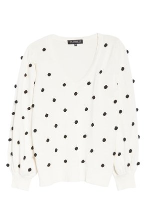 ELOQUII Puff Dot V-Neck Sweater (Plus Size) white