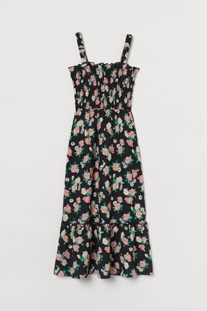 Smocked-bodice dress - Black/Pink floral - Ladies | H&M GB