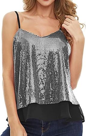 Mayntop Women Cami Top Real Sequin Bling-Bling Layered Adjustable Strap Camisole Sexy Sparkly Loose Tank Tops at Amazon Women’s Clothing store
