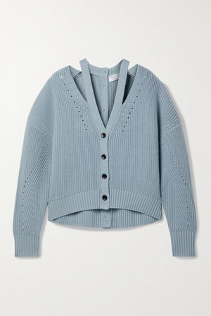 Cutout Ribbed Pointelle-knit Wool Cardigan - Light blue