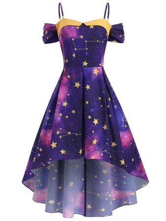 High Low Cold Shoulder Star Galaxy Plus Size Dress | Rosegal