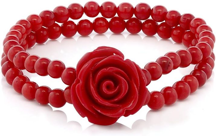 Amazon.com: Gem Stone King 7 Inch Red Simulated Coral Bead Rose Flower Stretch Bracelet for Women 5mm: Clothing, Shoes & Jewelry