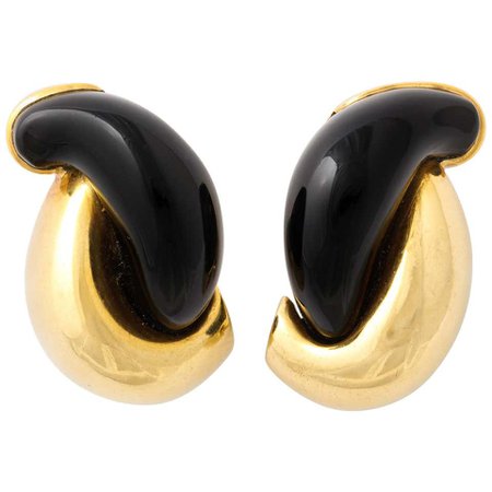 Seamann Shepps Carved Black Jade Gold Ear Clips For Sale at 1stDibs