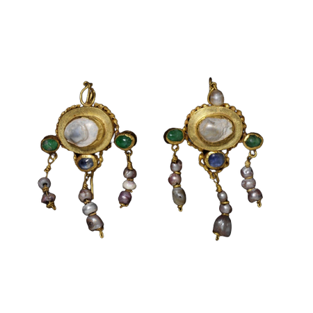 Gold earrings with pearls, emeralds, and sapphires, Roman, 1st-5th century AD